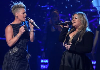 Pink and Kelly Clarkson perform onstage during the 2023 iHeartRadio Music Awards 