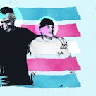 Collage of a father with his arm around his trans kid, with the trans flag stripes overlaid.