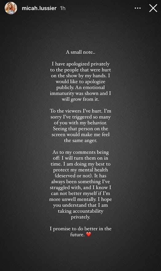 Love Is Blind Season 4 contestant Micah Lussier issued an apology via her Instagram Stories on March...