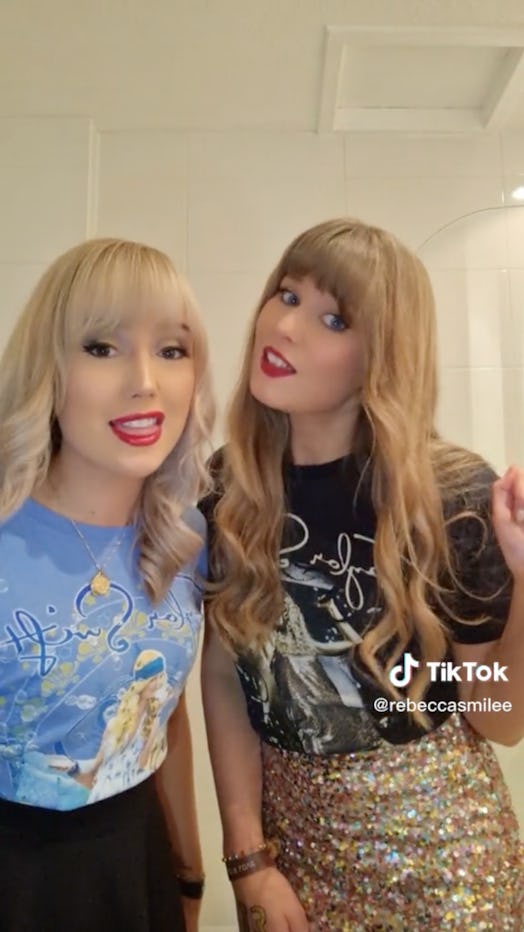 TikTok user @RebeccaSmilee reveals her 'Eras Tour' outfit with her friend.