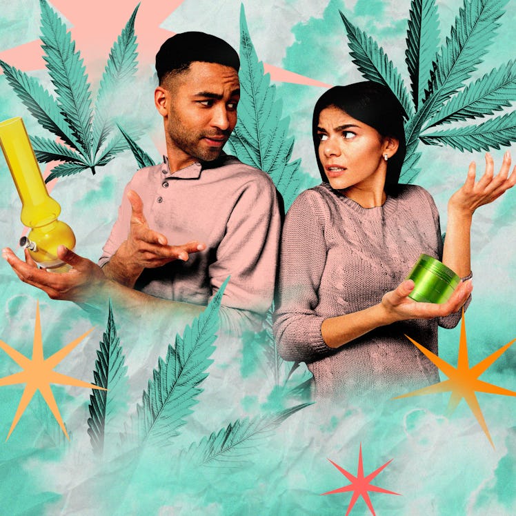 Collage of two confused parents holding marijuana-related paraphernalia, on a background of marijuan...