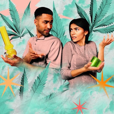 Collage of two confused parents holding marijuana-related paraphernalia, on a background of marijuan...