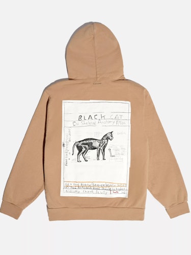 a camel colored hoodie seen from the back, featuring a screen printed artwork across the center