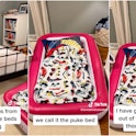 A TikTok mom describes using an air mattress for easy cleanup when her kids have the stomach bug.