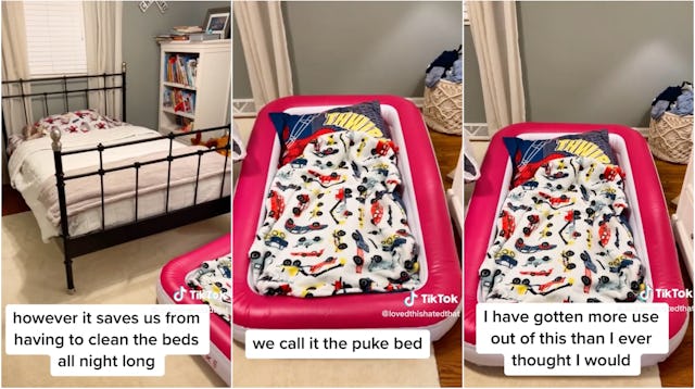 A TikTok mom describes using an air mattress for easy cleanup when her kids have the stomach bug.