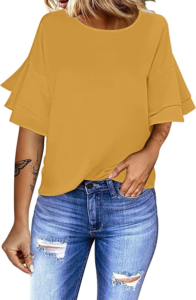 luvamia Tiered Bell Sleeve Crew Neck Top