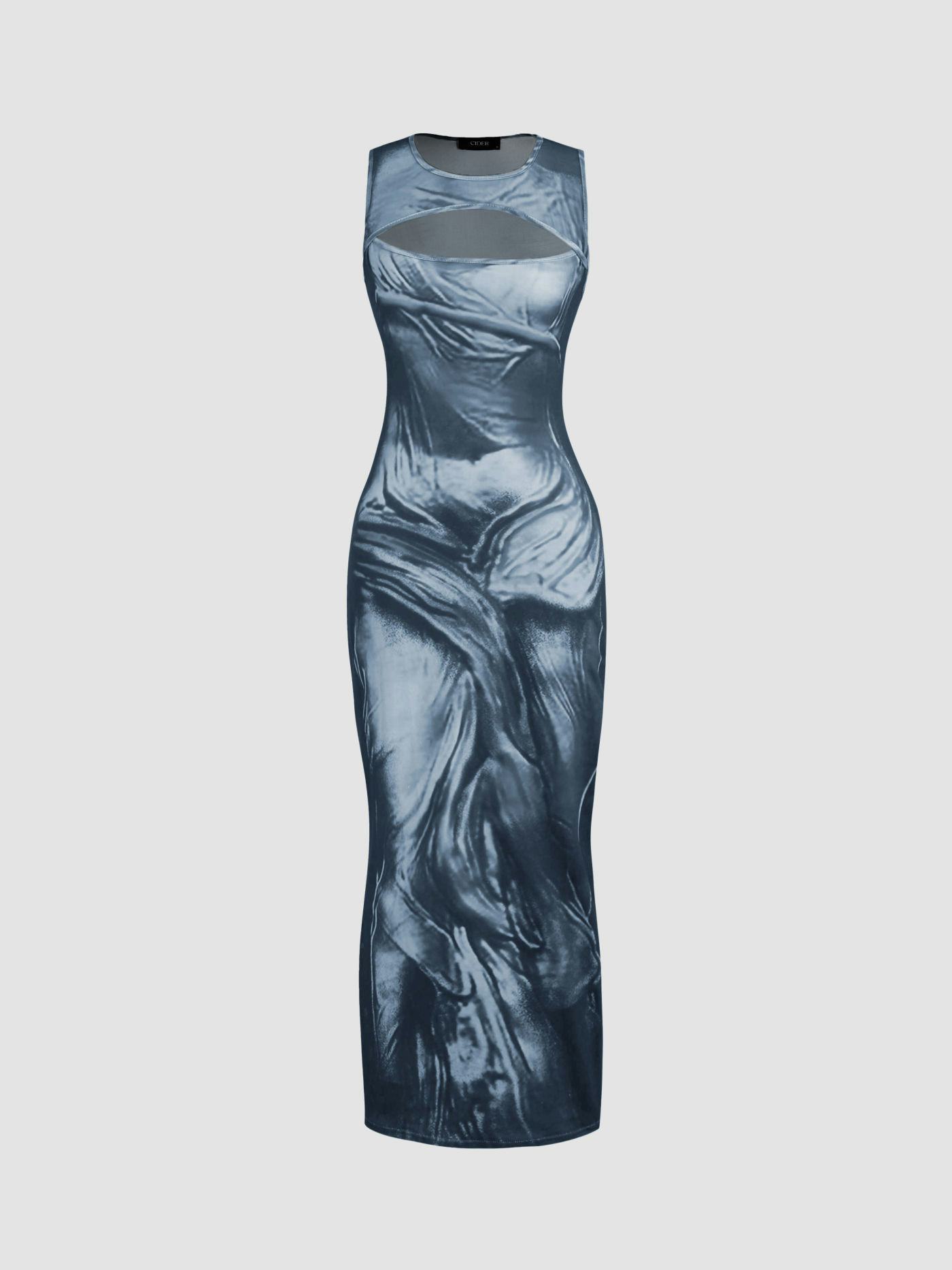 Trompe L&rsquo;oeil Prints Cut Out Knitted Maxi Dress