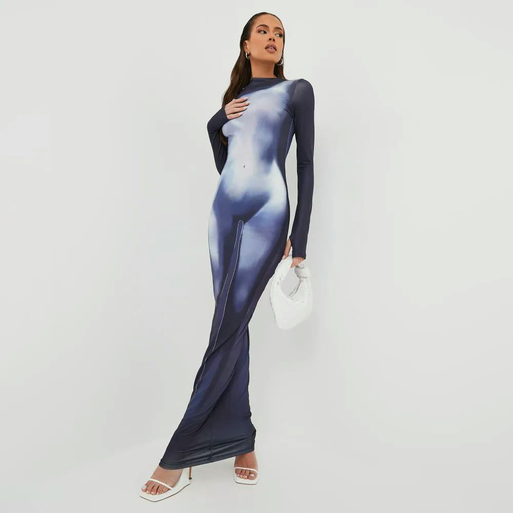 Long Sleeve Body Heat Print Maxi Dress