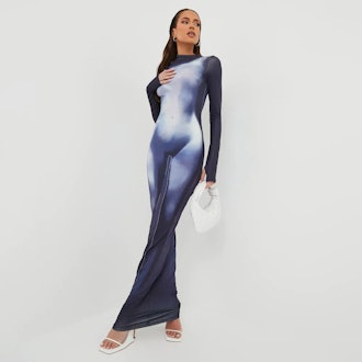 Long Sleeve Body Heat Print Maxi Dress 