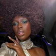 Jodie Turner-Smith rounded afro and blue-green eyeshadow