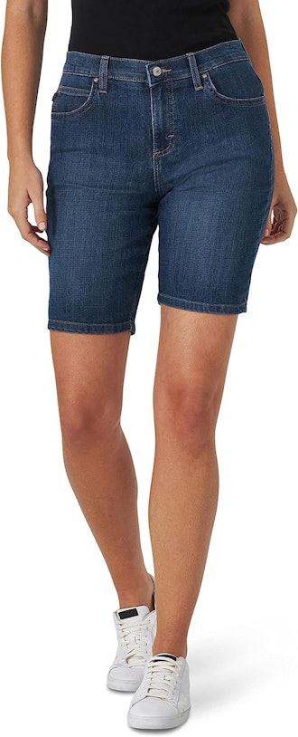 These Bermuda denim shorts for big thighs fall almost to the knees for extra coverage.