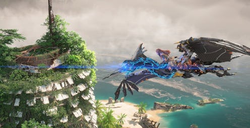 Aloy riding on a Sunwing past the Capitol Building in Los Angeles