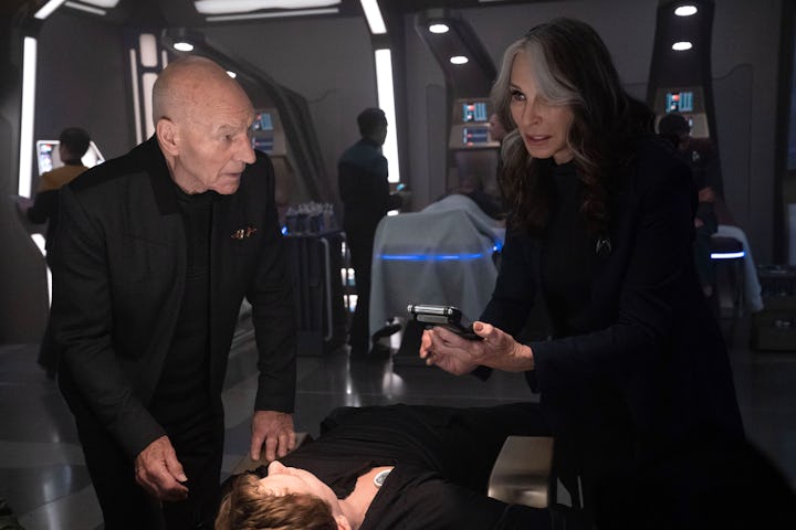 Patrick Stewart as Jean-Luc Picard and Gates McFadden as Dr. Beverly Crusher in 'Star Trek: Picard' ...
