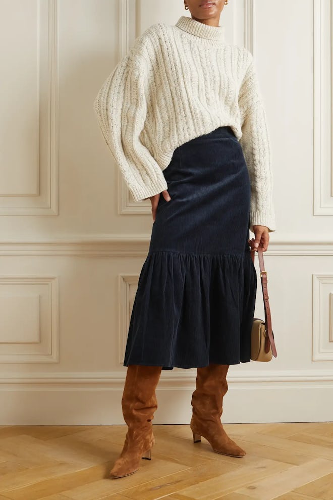 Daphne Tiered Cotton-Corduroy Midi Skirt
