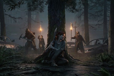 A group of Seraphites look through a forest for Ellie in a piece of promo art for The Last of Us Par...