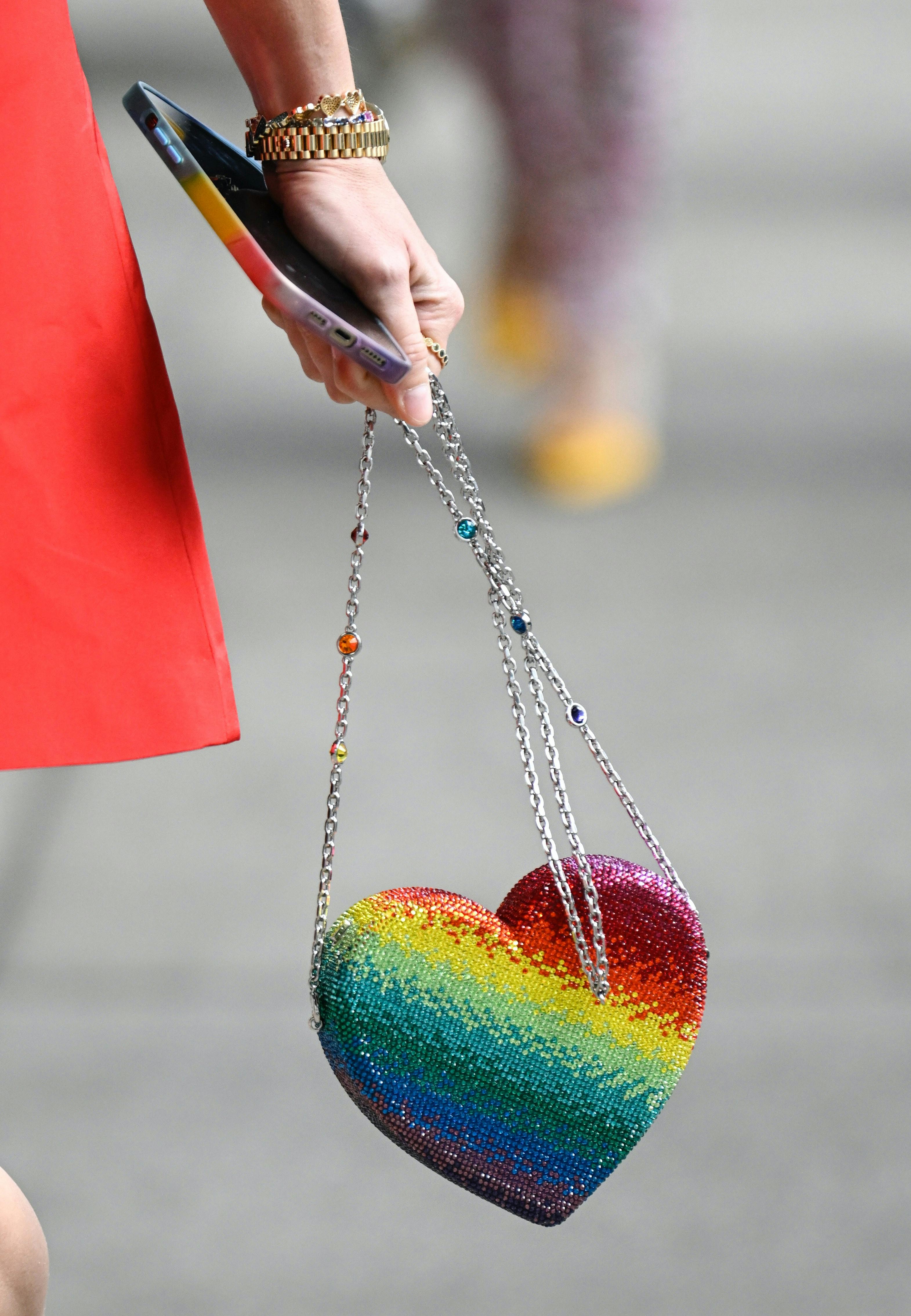 crystal rainbow heart bag from new york fashion week 2023 street style