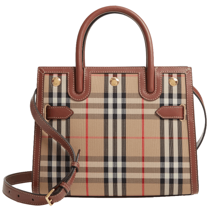 Burberry Mini Title Vintage Check Double Handle Leather & Canvas Bag