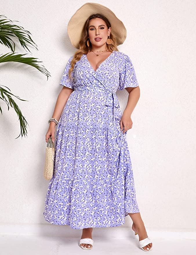 KOJOOIN Plus Size V-Neck Wrap Maxi Dress