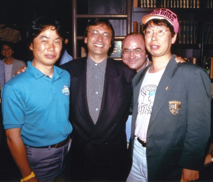 Left to right: Mario creator Shigeru Miyamoto, David L. Snyder, Bob Hoskins, and Nintendo legend Tak...