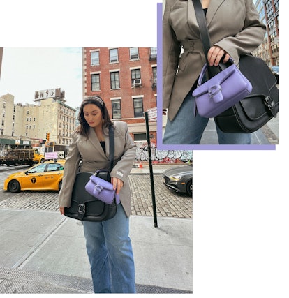Bella Gerard wears Coach's Pillow Tabby and Messenger 40 bags with a The Giving Movement blazer and ...