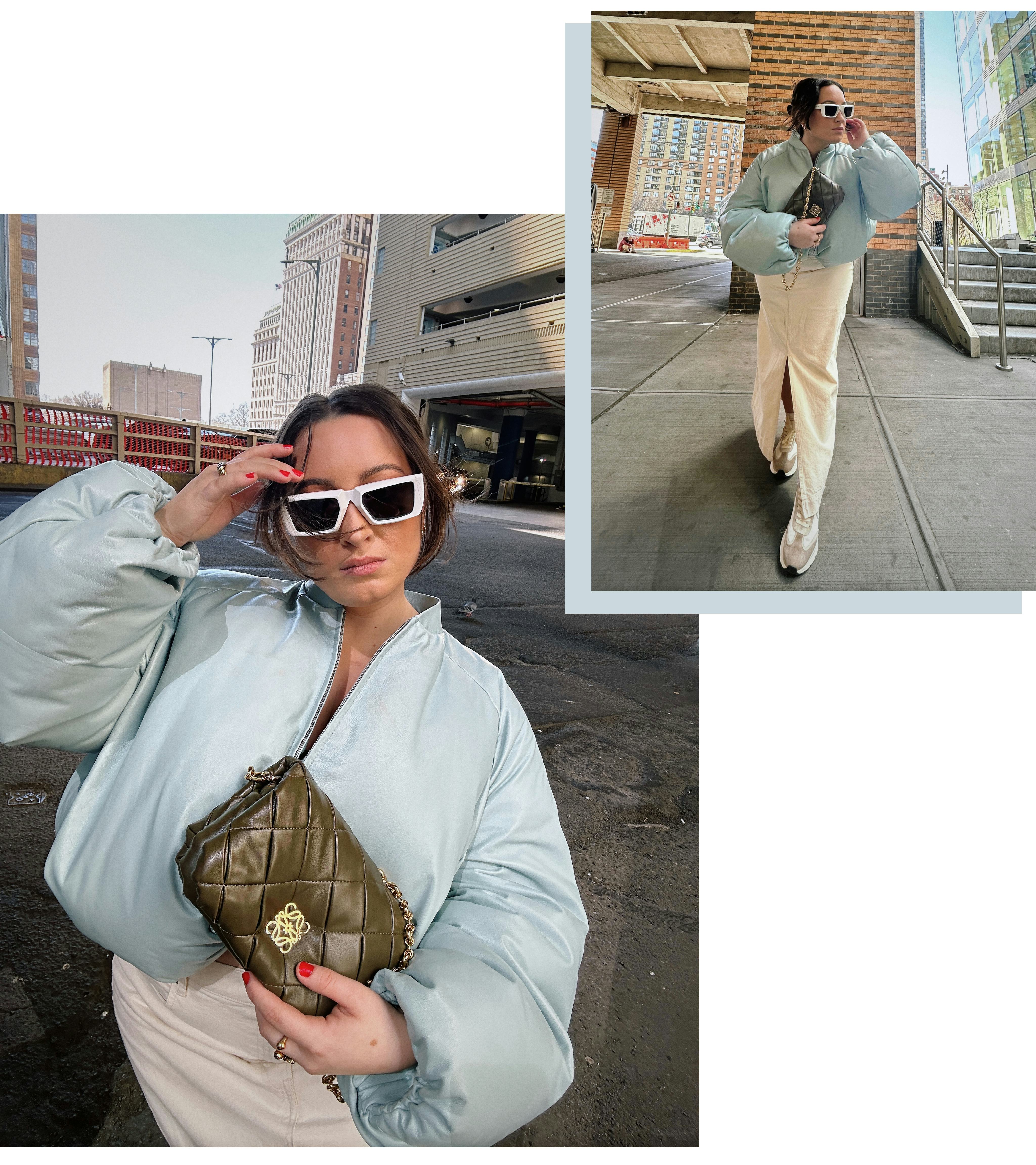 Bella Gerard wears the Loewe Puffer Bomber and Loewe Puffer Goya handbag.