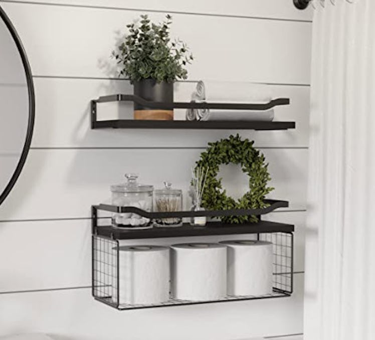 WOPITUES Floating Shelves with Wire Storage Basket