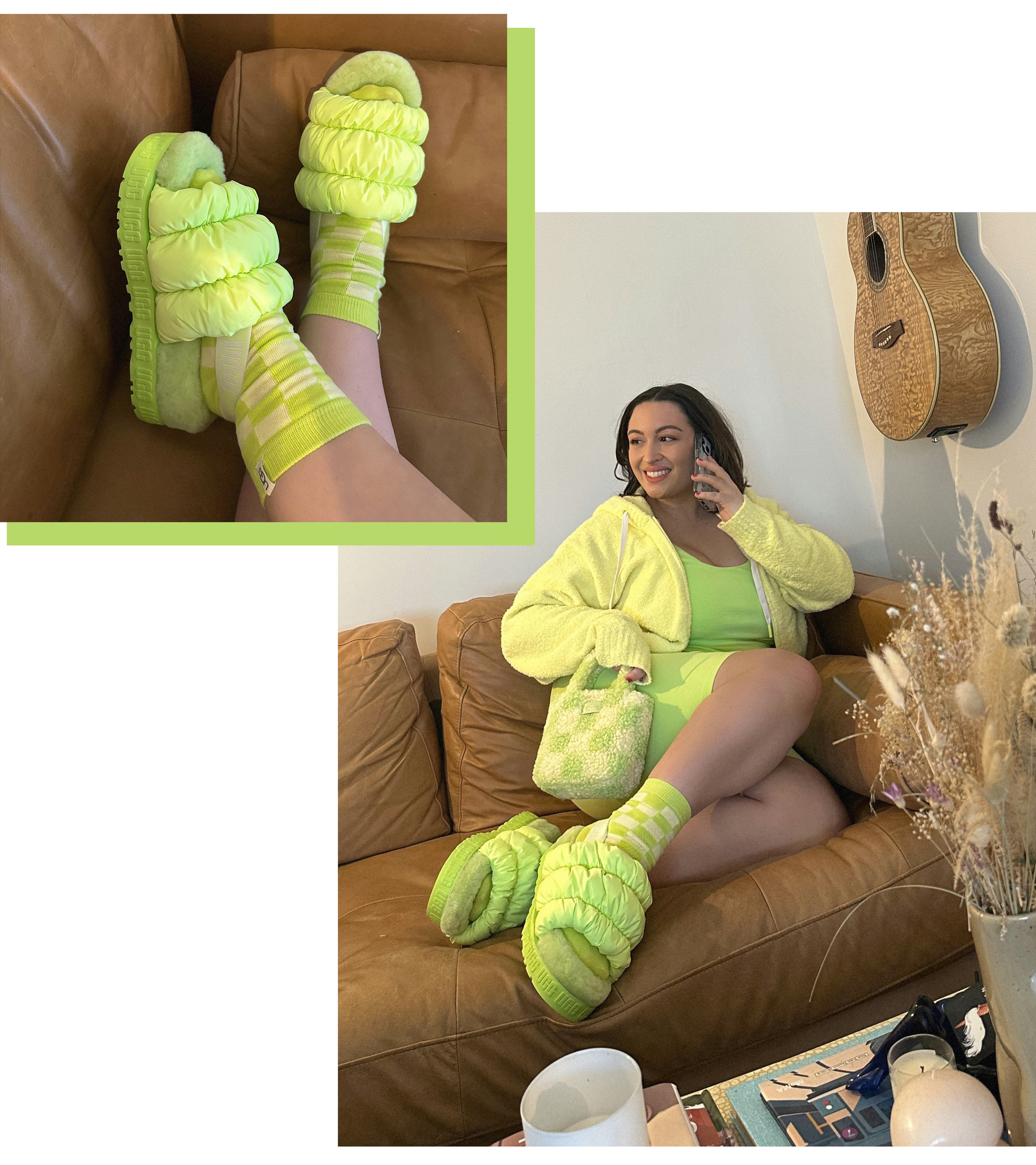 Bella Gerard wears UGG Scrunchita slippers with UGG loungewear.