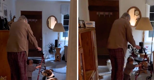 A great-grandpa who never though he would meet his great-granddaughter helps her learn to walk using...