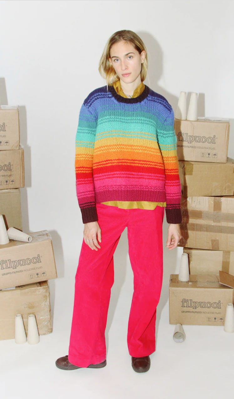 Marina Hand-Knitted Degradé Rainbow Stripe Crewneck in Recycled Cashmere & Mohair