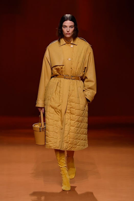 A model walks the runway during the Hermes Womenswear Fall Winter 2023-2024 show as part of Paris Fa...