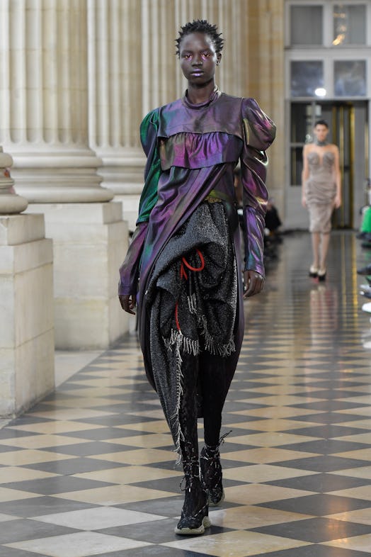 A model walks the runway during the Vivienne Westwood Ready to Wear Fall/Winter 2023-2024 fashion sh...