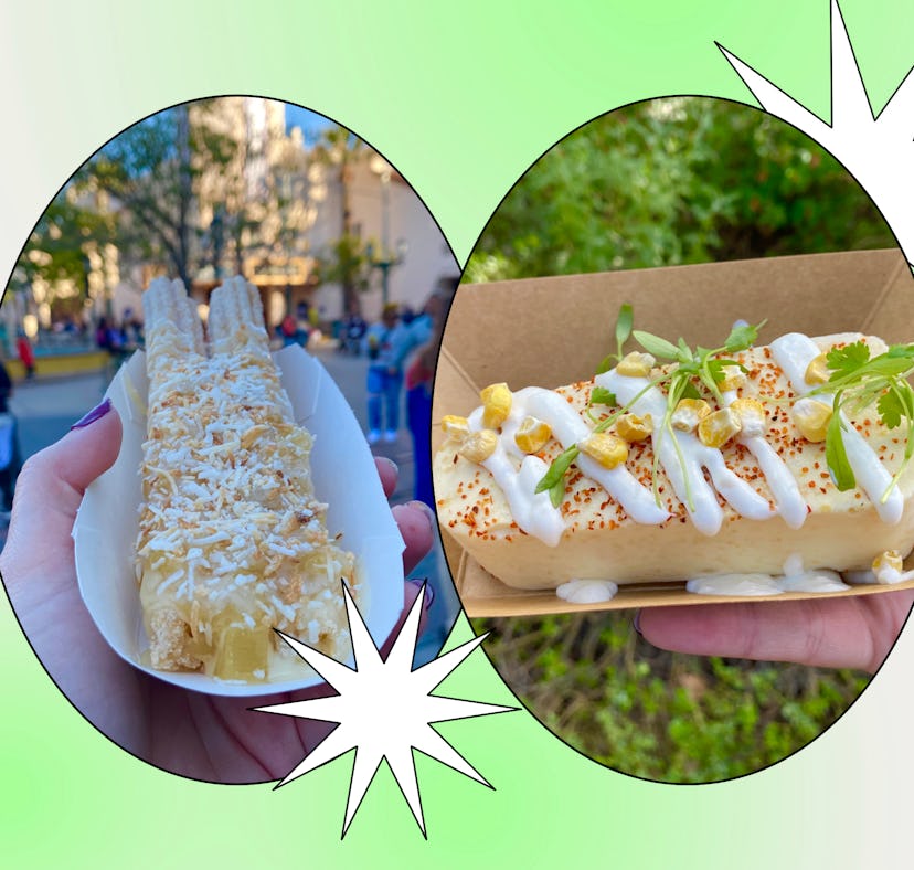 I tried the Disney Food & Wine Festival 2023 food and it included a pineapple churro and frozen elot...