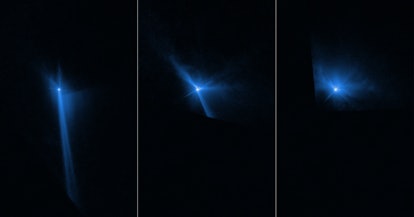 Series of images of the DART asteroid impact from the Hubble Space Telescope depicting the 3 stages ...