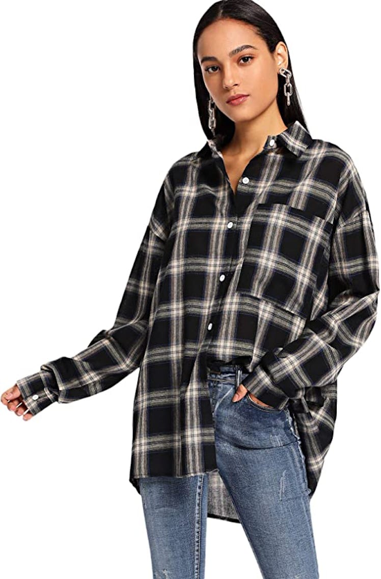 SweatyRocks Long Sleeve Collar Button Down Plaid Shirt 