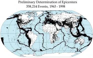 map of earthquake epicenters across 35 years