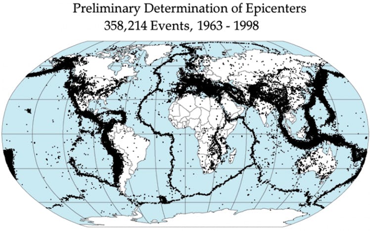 map of earthquake epicenters across 35 years