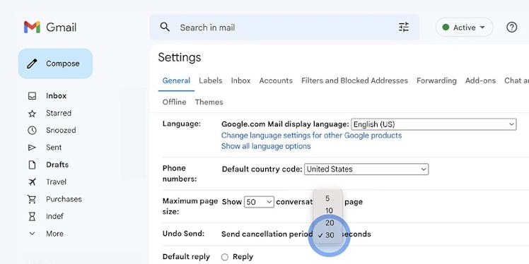 Gmail undo send in settings