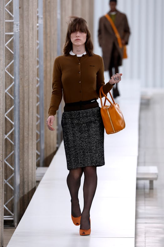 A model walks the runway during the Miu Miu Womenswear Fall Winter 2023-2024 show as part of Paris F...