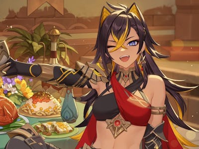 Dehya se usmívá s kalichem v ruce