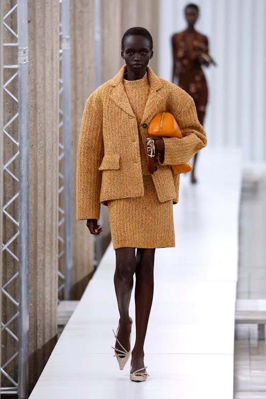 A model walks the runway during the Miu Miu Womenswear Fall Winter 2023-2024 show as part of Paris F...