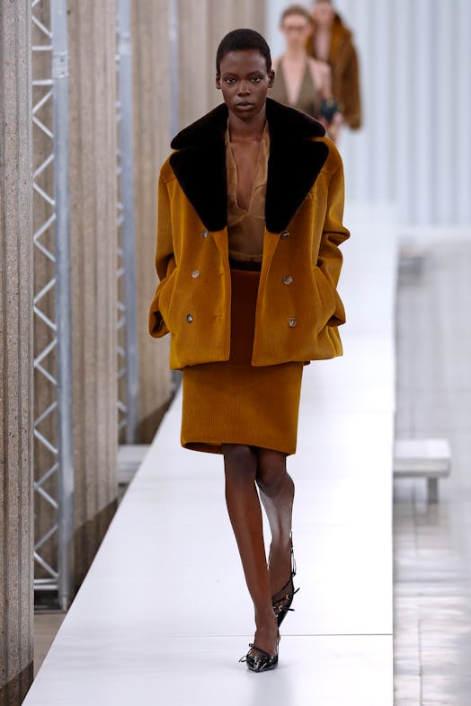 A model walks the runway during the Miu Miu Womenswear Fall Winter 2023-2024 show as part of Paris F...