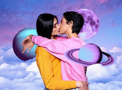 Young couple kissing in front of planets to represent TikTok's moon phase test, soulmates trend.