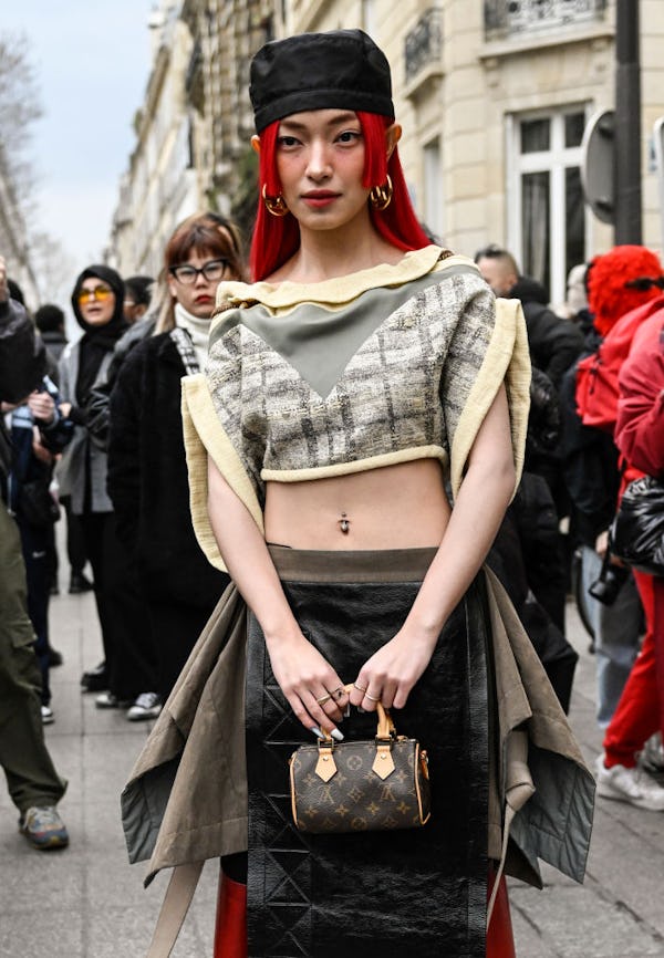 A belly button piercing spotted at Paris Fashion Week.