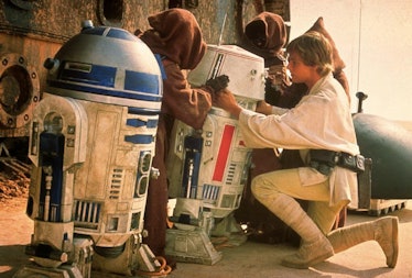 R2-D2, Luke Skywalker and R5-D4.