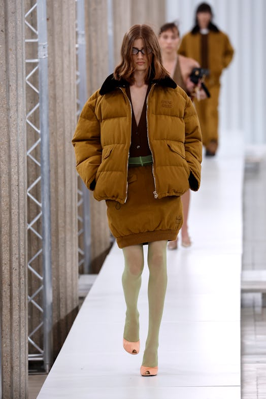 A model walks the runway during the Miu Miu Womenswear Fall Winter 2023-2024 show as part of Paris F...