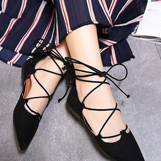 YIBLBOX Ankle Tie Pointed-Toe Ballet Flats