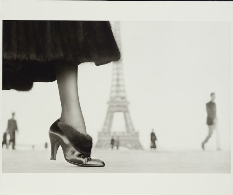 a photo of a shoe with the eiffel tower in the background