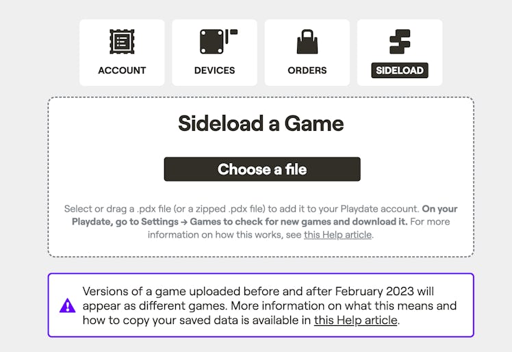 The game sideloading menu on the Playdate website.