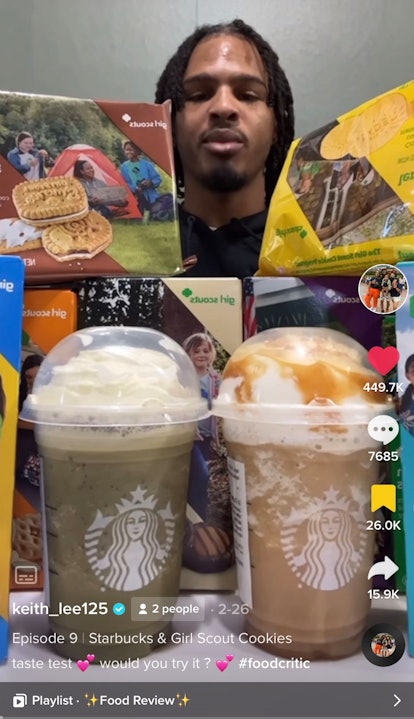 Keith Lee from TikTok tries the Starbucks Girl Scout Cookie secret drinks.