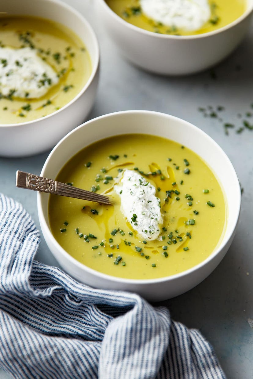 asparagus potato soup in bowl for spring recipes